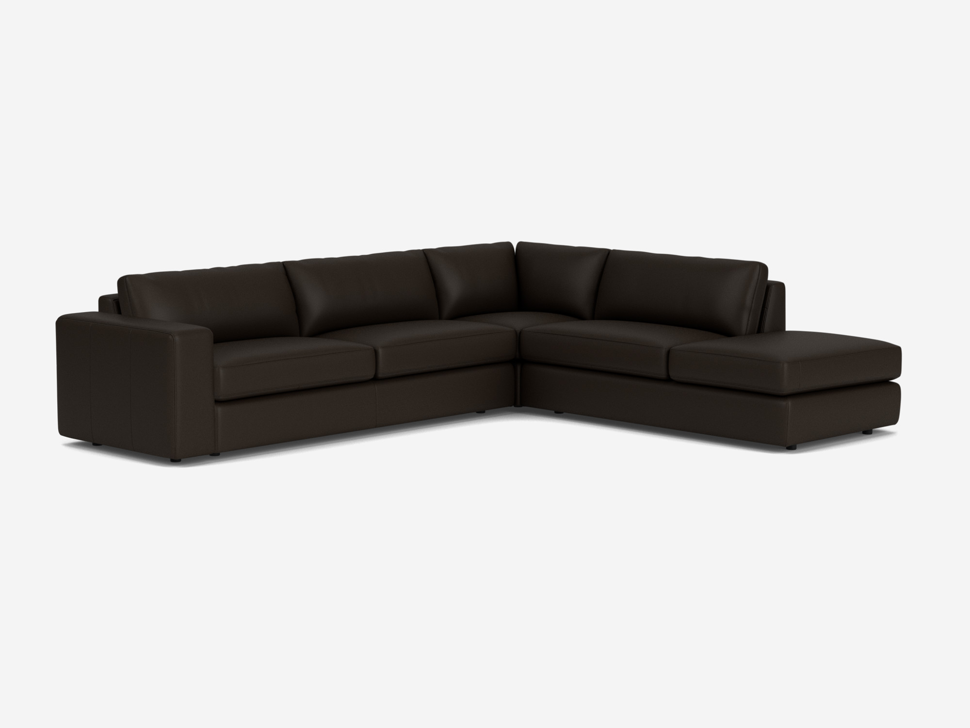 Front angle view of black leather sectional sofa with right hand chaise